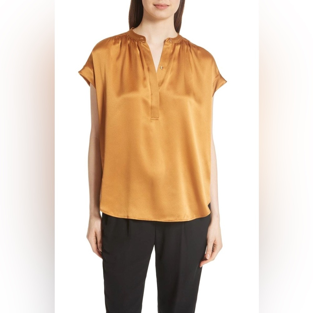 NWT Vince Shirred-Neck Silk Blouse